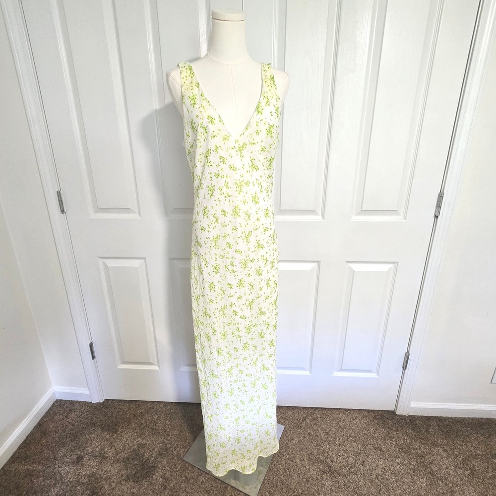 Forever 21 Maxi Dress Womens L White‎ Lime Green Floral V-Neck Sleeveless Lined